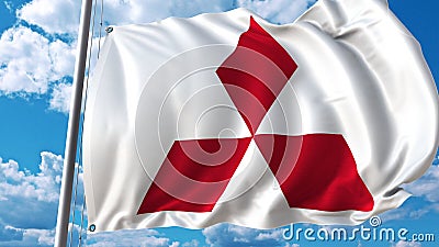 Waving flag with Mitsubishi logo against sky and clouds. Editorial 3D rendering Editorial Stock Photo