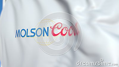 Waving flag with Molson Coors Brewing Company logo, close-up. Editorial 3D rendering Editorial Stock Photo