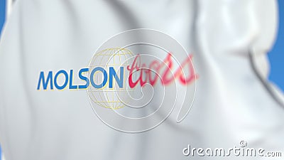 Waving flag with Molson Coors Brewing Company logo, close-up. Editorial 3D rendering Editorial Stock Photo