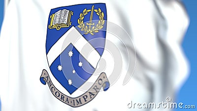 Waving flag with Monash University emblem, close-up. Editorial 3D rendering Editorial Stock Photo