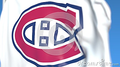 Waving flag with Montreal Canadiens NHL hockey team logo, close-up. Editorial 3D rendering Editorial Stock Photo