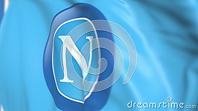 Flying flag with Napoli football team logo, close-up. Editorial 3D rendering Editorial Stock Photo