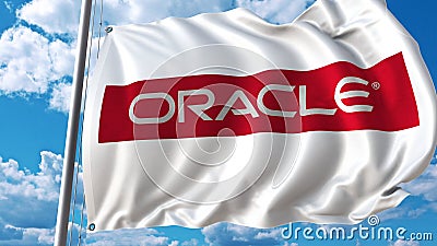 Waving flag with Oracle logo against sky and clouds. Editorial 3D rendering Editorial Stock Photo