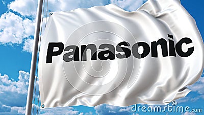 Waving flag with Panasonic logo against sky and clouds. Editorial 3D rendering Editorial Stock Photo