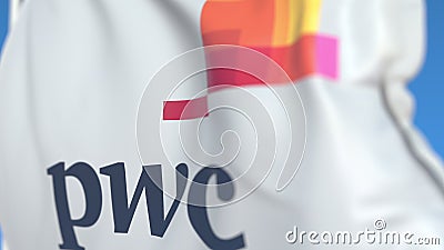 Waving flag with PricewaterhouseCoopers PwC logo, close-up. Editorial 3D rendering Editorial Stock Photo