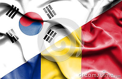 Waving flag of Romania and South Korea Stock Photo