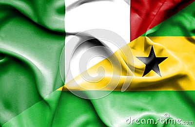Waving flag of Sao Tome and Principe and Italy Stock Photo