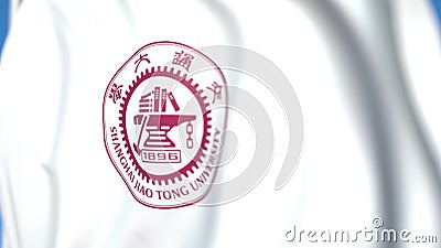 Flying flag with Shanghai Jiao Tong University emblem, close-up. Editorial 3D rendering Editorial Stock Photo