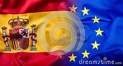 Waving flag of Spain and European Union.Eu Flag Spain Flag Stock Photo