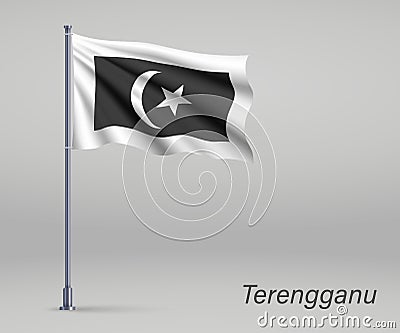 Waving flag of Terengganu - state of Malaysia on flagpole. Templ Stock Photo