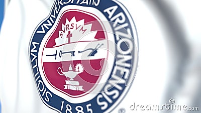 Waving flag with University of Arizona emblem, close-up. Editorial 3D rendering Editorial Stock Photo