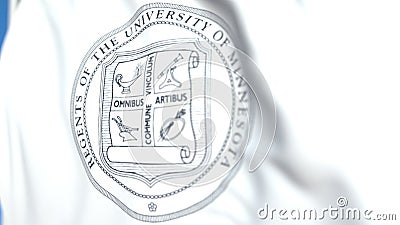 Waving flag with University of Minnesota Twin Cities emblem, close-up. Editorial 3D rendering Editorial Stock Photo