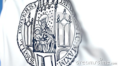 Waving flag with University of Munich emblem, close-up. Editorial 3D rendering Editorial Stock Photo