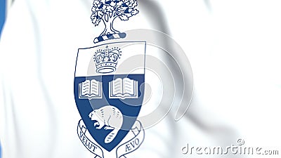 Flying flag with University of Toronto emblem, close-up. Editorial 3D rendering Editorial Stock Photo