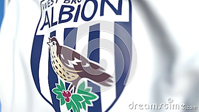 Flying flag with West Bromwich Albion FC football club logo, close-up. Editorial 3D rendering Editorial Stock Photo