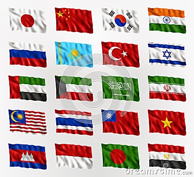 Waving Flags of Asia. Vector Illustration