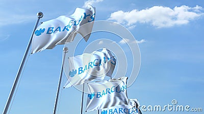 Waving flags with Barclays logo against sky, editorial 3D rendering Editorial Stock Photo