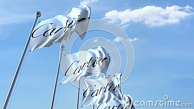 Waving flags with Cartier logo against sky, editorial 3D rendering Editorial Stock Photo