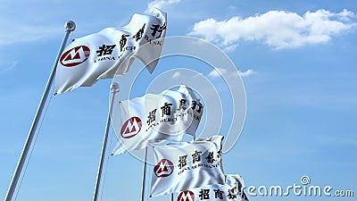 Waving flags with China Merchants Sbank logo against sky, editorial 3D rendering Editorial Stock Photo