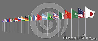 Waving flags countries of members Group of Twenty. Big G20 in Japan in 2020. Isolated on grey. 3d rendering. Illustration Stock Photo
