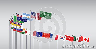 Waving flags countries of members Group of Twenty. Big G20 21â€“22 November 2020 in the capital city of Riyadh, Saudi Arabia. Stock Photo