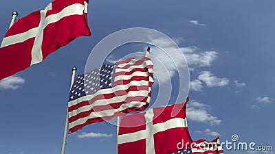 Waving flags of Denmark and the USA on sky background, 3D rendering Stock Photo