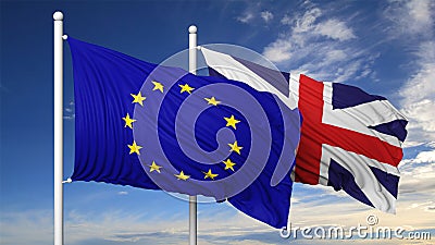 Waving flags of EU and UK on flagpole Stock Photo