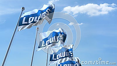 Waving flags with Lowe`s logo against sky, editorial 3D rendering Editorial Stock Photo