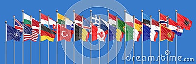The 28 waving Flags of NATO Countries - North Atlantic Treaty. Isolated on sky background - 3D illustration Cartoon Illustration