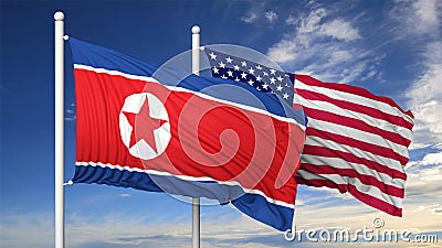 Waving flags of North Korea and USA on flagpole Stock Photo