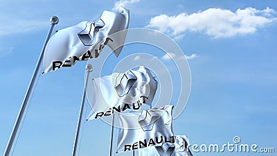 Waving flags with Renault logo against sky, editorial 3D rendering Editorial Stock Photo