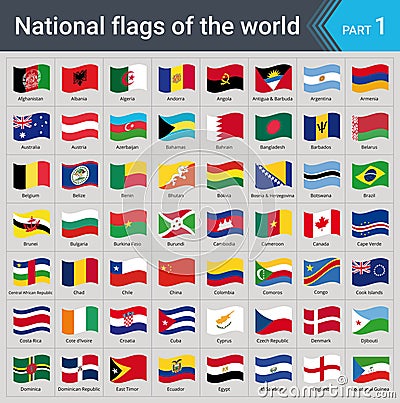 Waving flags of the world. Collection of flags - full set of national flags Vector Illustration