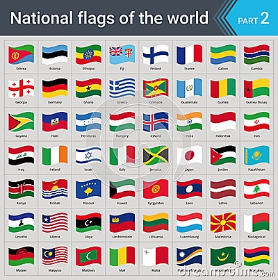 Waving flags of the world. Collection of flags - full set of national flags Vector Illustration