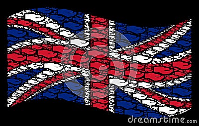 Waving UK Flag Collage of Share Hand Items Vector Illustration