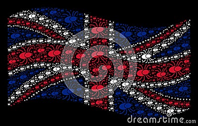 Waving Great Britain Flag Pattern of Mite Tick Items Vector Illustration