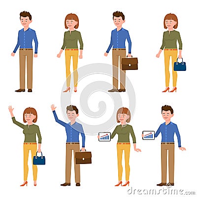 Waving hello, using tablet office boy and girl cartoon character blue shirt business man and green top woman vector illustration Vector Illustration