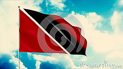 Waving national flag of Trinidad and Tobago in realistic 3D style. Motion. Moving red, black, and white flag against Stock Photo