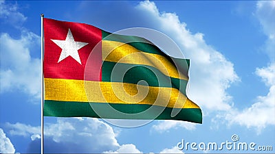 Waving Togo flag over sky with clouds, seamless loop. Motion. Rippling colorful flag with the five pointed star on Stock Photo