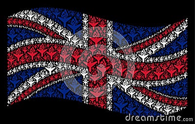 Waving United Kingdom Flag Collage of Air Crash Icons Vector Illustration
