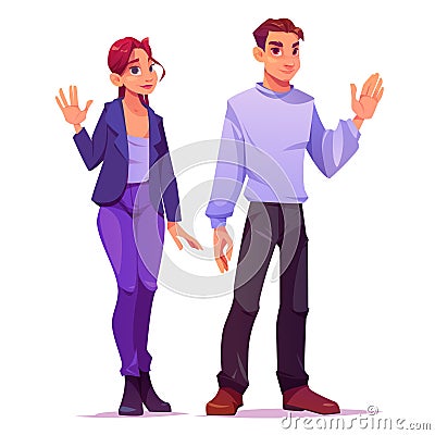 Waving welcome people, man and woman say hello Cartoon Illustration