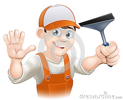 Waving Window Cleaner With Squeegee Vector Illustration