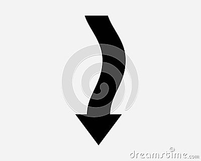 Wavy Arrow Point Down Pointing South Below Under Reverse Descent Backwards Back Curve Flow Downstream Aim Vector Sign Icon Vector Illustration
