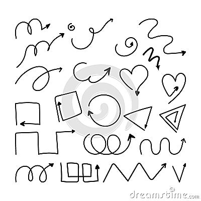 Wavy arrows in various combinations. Arrow lines, arrow hearts, triangles, patterns, squares. Signposts. Arrows. Design Vector Illustration