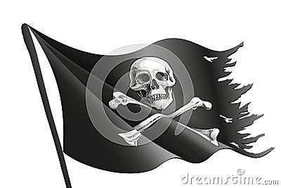 Wavy black pirate flag with bone and skull is on the flagpole. Vector Illustration