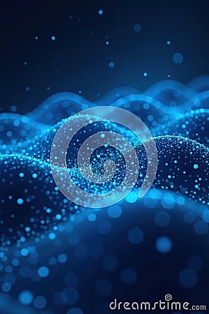 Wavy blue particle lines, futuristic tech scene, curve, wave, ai Stock Photo