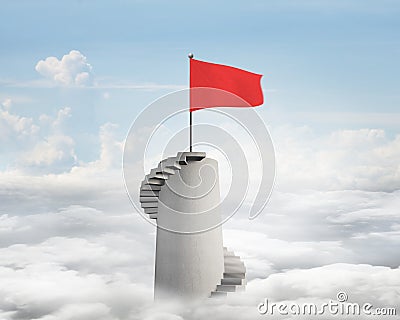 Wavy flag on spiral stairs tower top with blue sky Stock Photo