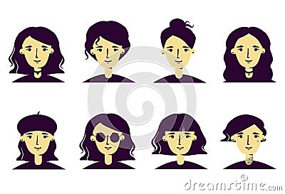 Wavy hair female hairstyles character set Vector Illustration