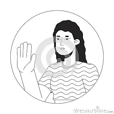 Wavy hair young adult woman hello wave black and white 2D vector avatar illustration Vector Illustration
