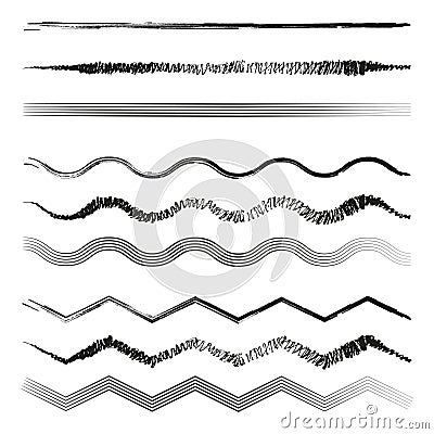 Wavy line set. Hand-drawn vector lines. Abstract zigzag patterns. Black sketchy designs. Vector Illustration