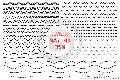 Wavy lines set. Horizontal seamless thin zig zag, criss cross and wavy lines for brushes Vector Illustration